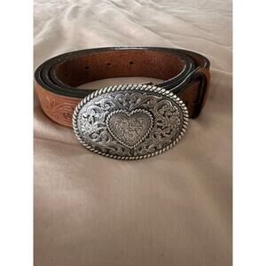 Justin TopGrain Leather Western Belt with Engraved Heart Buckle Cowgirl Belt S/M